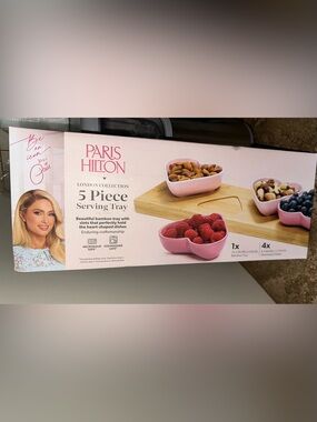 Paris Hilton Pink Heart Dish Set with Bamboo Serving Tray